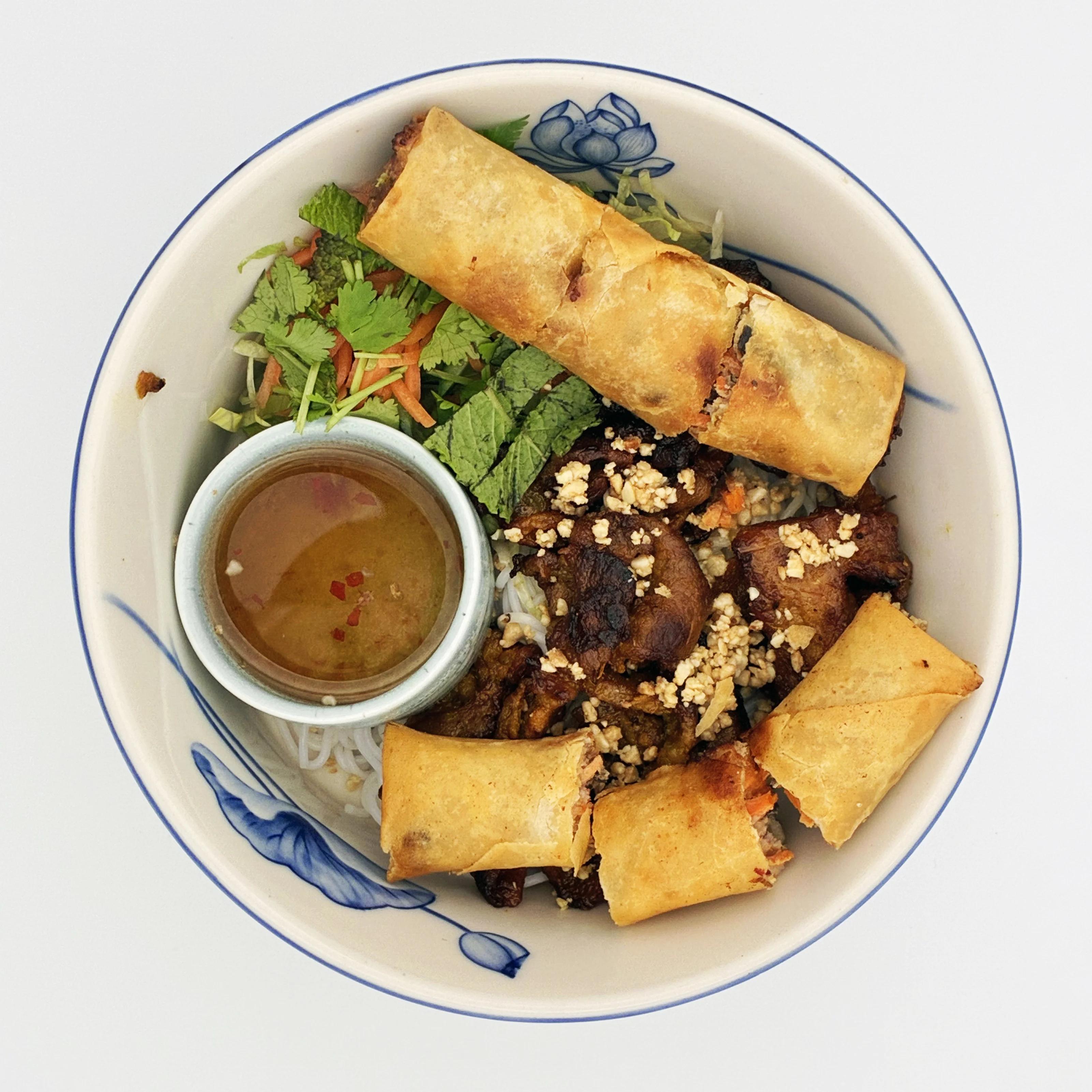 Vietnamese Grilled Pork & Spring Roll Rice Noodle Bowl